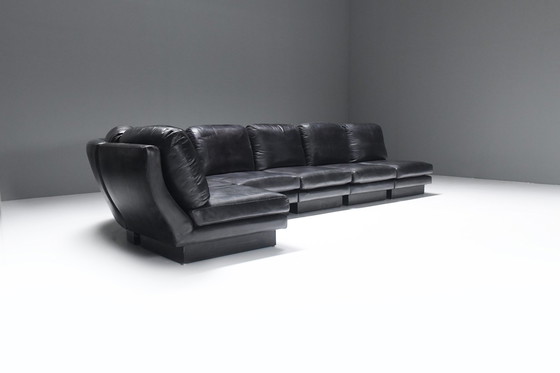 Image 1 of Zeldzame 'Super C' modulaire sofa in origineel zwart leer van Willy Rizzo. Getekend!