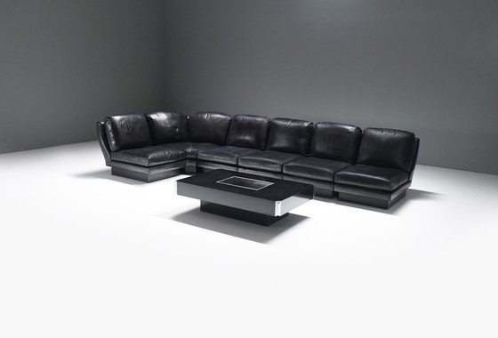 Image 1 of Zeldzame 'Super C' modulaire sofa in origineel zwart leer van Willy Rizzo. Getekend!