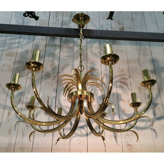 Image 1 of Vintage ananaskroonluchter in geborsteld metaal en verguld metaal, 1970