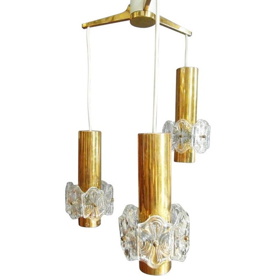 Image 1 of Verstelbare hanglamp met 3 goudkleurige messing en kristallen spots, Vintage Kinkeldey, 1970