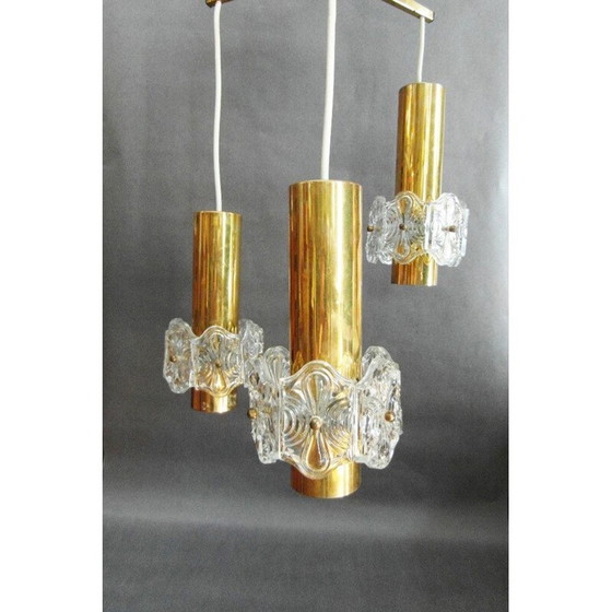 Image 1 of Verstelbare hanglamp met 3 goudkleurige messing en kristallen spots, Vintage Kinkeldey, 1970