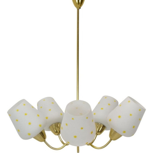 Mid Century kroonluchter van glas en messing, Tsjecho-Slowakije 1960