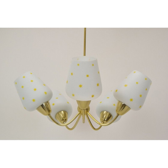 Image 1 of Mid Century kroonluchter van glas en messing, Tsjecho-Slowakije 1960