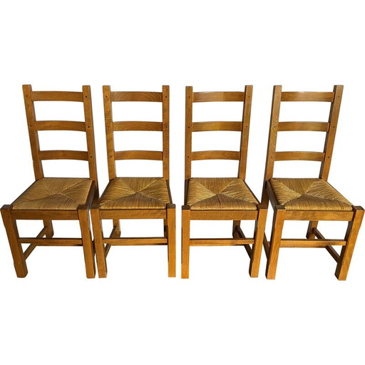 Set van 4 vintage rustieke stoelen van massief eiken en strozittingen, 1950