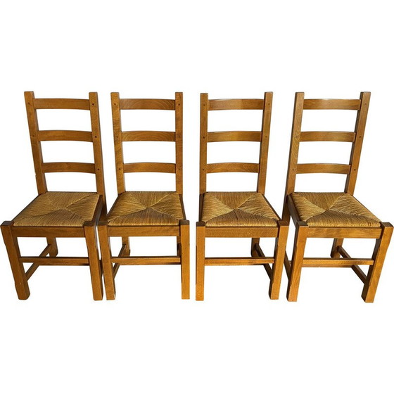 Image 1 of Set van 4 vintage rustieke stoelen van massief eiken en strozittingen, 1950