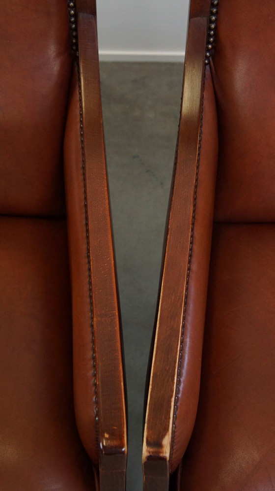 Image 1 of 4 X Cognac Kleurige Rundleren Art Deco Design Fauteuil