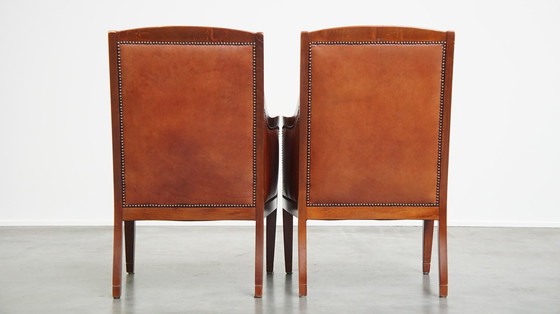 Image 1 of 4 X Cognac Kleurige Rundleren Art Deco Design Fauteuil