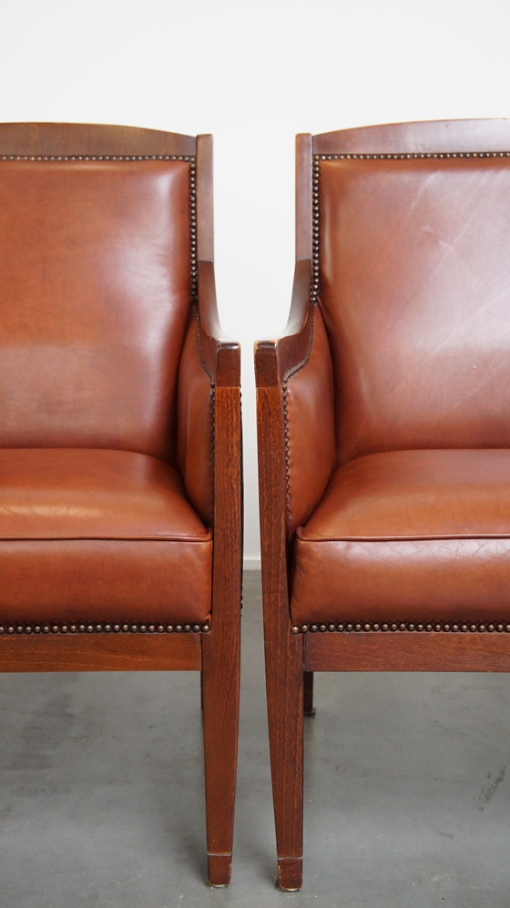 Image 1 of 4 X Cognac Kleurige Rundleren Art Deco Design Fauteuil