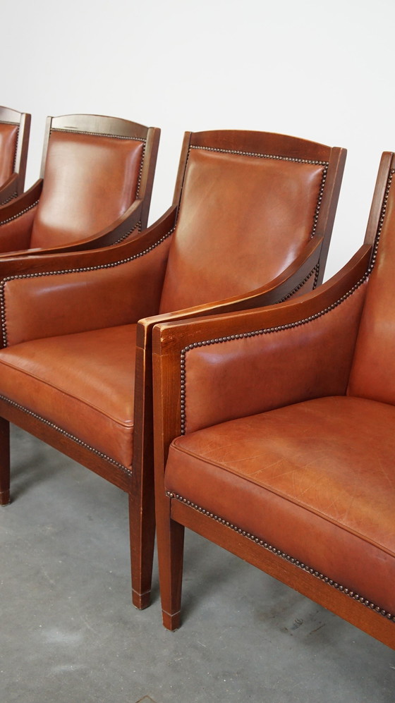 Image 1 of 4 X Cognac Kleurige Rundleren Art Deco Design Fauteuil