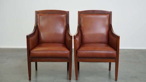 4 X Cognac Kleurige Rundleren Art Deco Design Fauteuil