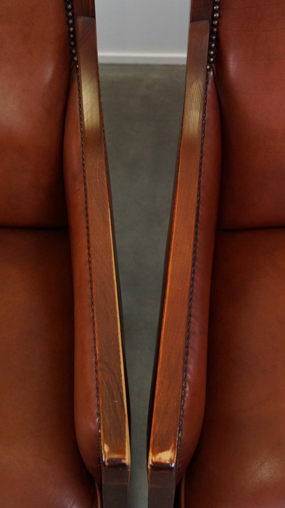 Image 1 of 4 X Cognac Kleurige Rundleren Art Deco Design Fauteuil