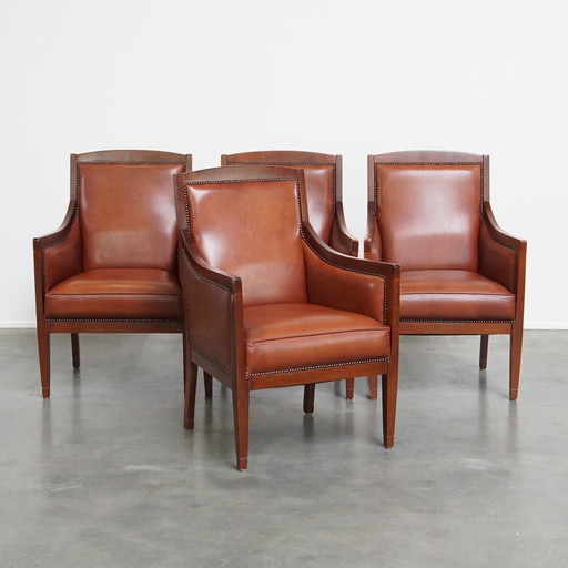 4 X Cognac Kleurige Rundleren Art Deco Design Fauteuil