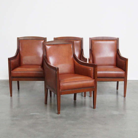 Image 1 of 4 X Cognac Kleurige Rundleren Art Deco Design Fauteuil