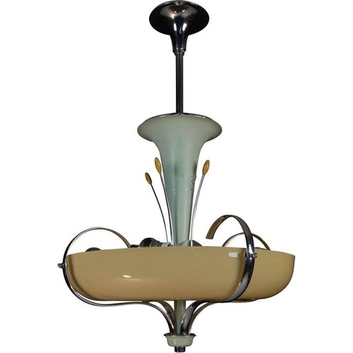 Vintage kroonluchter in chroom en blauw gelakt metaal