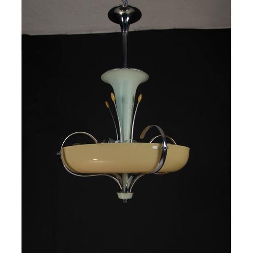 Vintage kroonluchter in chroom en blauw gelakt metaal