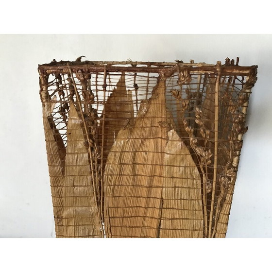 Image 1 of Vintage teakhouten lamp met maïsbladeren kap, 1980