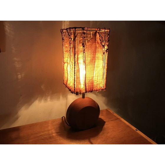Image 1 of Vintage teakhouten lamp met maïsbladeren kap, 1980