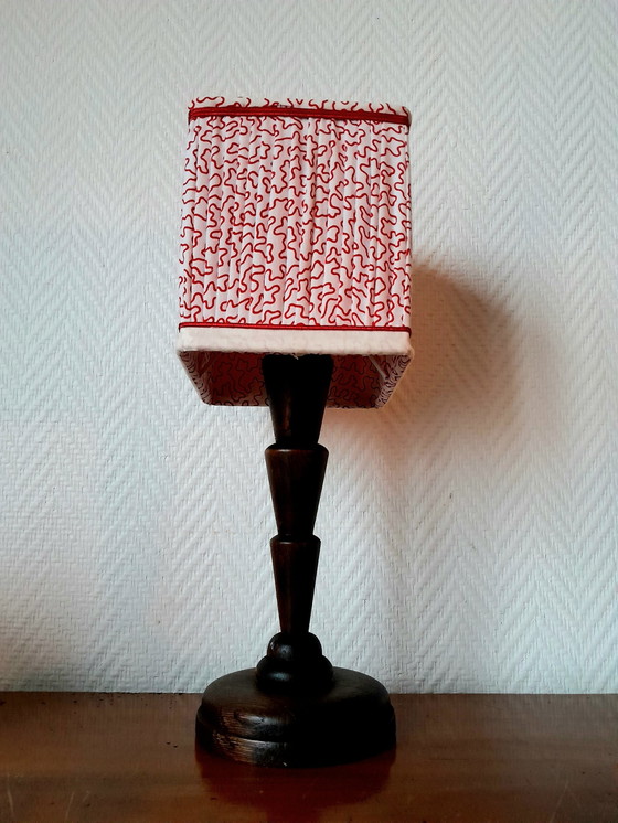 Image 1 of Art Deco Houten Lamp Met Naaibare Lampenkap