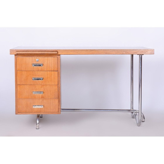 Image 1 of Vintage Bauhaus bureau in eiken en verchroomd staal door Hynek Gottwald, Tsjecho-Slowakije 1930