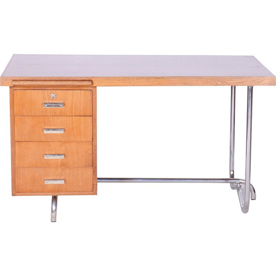 Image 1 of Vintage Bauhaus bureau in eiken en verchroomd staal door Hynek Gottwald, Tsjecho-Slowakije 1930