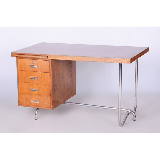 Image 1 of Vintage Bauhaus bureau in eiken en verchroomd staal door Hynek Gottwald, Tsjecho-Slowakije 1930