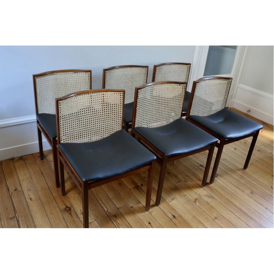 Image 1 of Set van 6 vintage stoelen van rozenhout en riet van Tito Agnoli voor La Linea, 1960