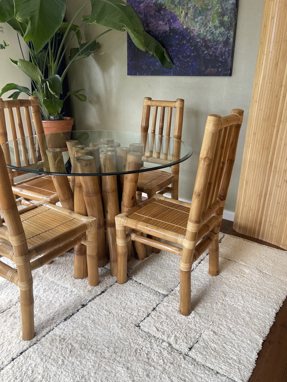 Image 1 of Vintage Boho Bamboe Eetkamerset - Eettafel Met 4 Stoelen