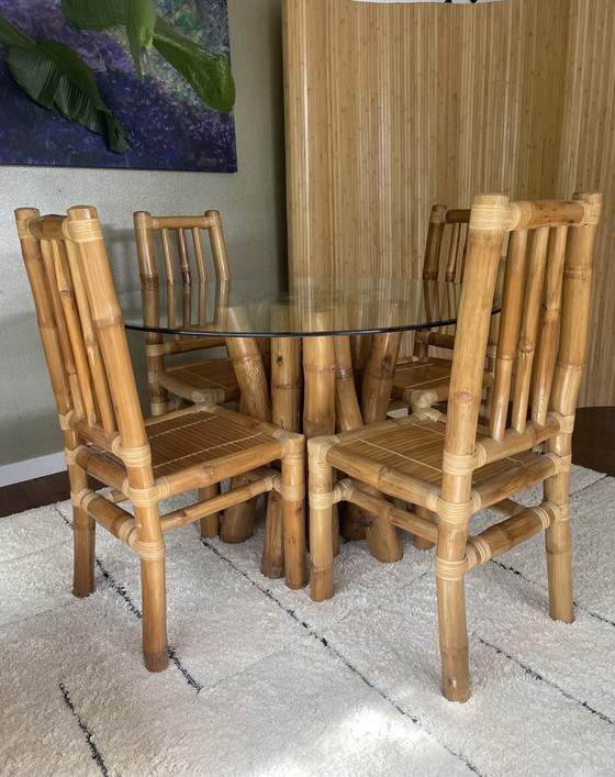 Image 1 of Vintage Boho Bamboe Eetkamerset - Eettafel Met 4 Stoelen