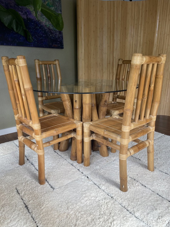 Image 1 of Vintage Boho Bamboe Eetkamerset - Eettafel Met 4 Stoelen