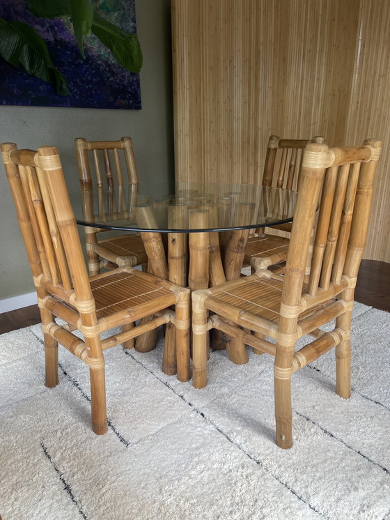 Image 1 of Vintage Boho Bamboe Eetkamerset - Eettafel Met 4 Stoelen