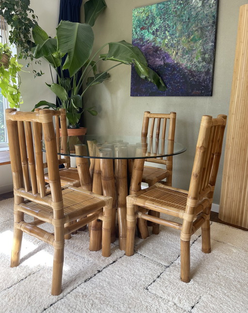 Vintage Boho Bamboe Eetkamerset - Eettafel Met 4 Stoelen