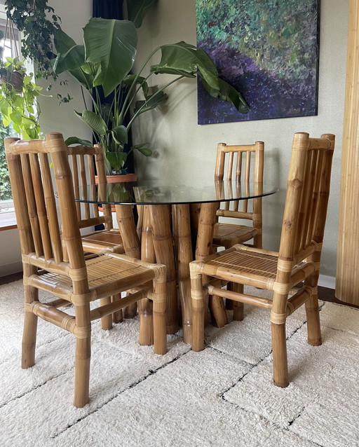 Vintage Boho Bamboe Eetkamerset - Eettafel Met 4 Stoelen