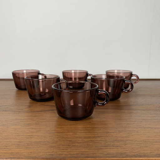 Set van 6 glazen koffiekoppen, paars, Vereco, 1970