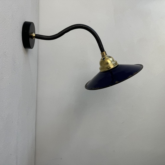 Image 1 of Antiek Blauw Geëmailleerde Industriële Wandlamp