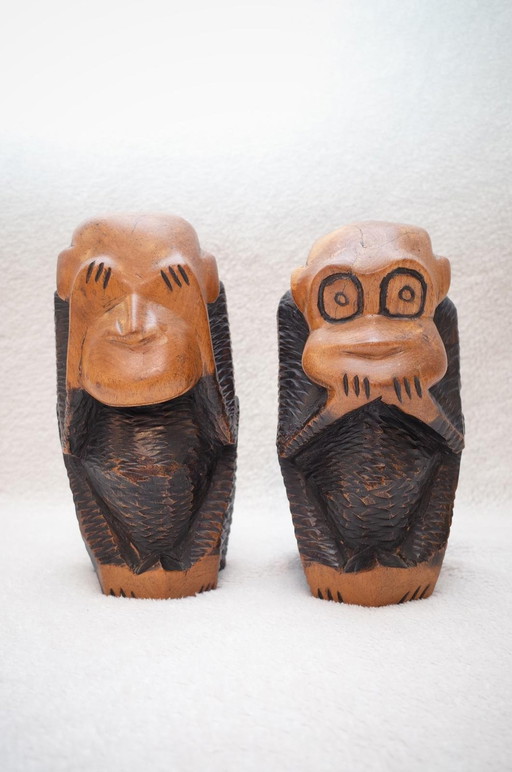 2 Oude Wijze Apen Decoratieve Houten Figuren Massief