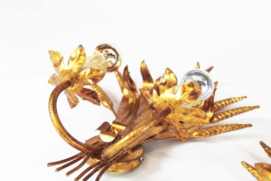 Image 1 of Paar grote Vintage Vergulde Korenaar wandlampen