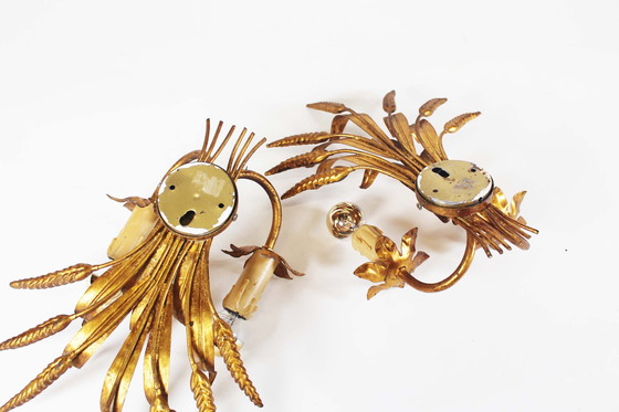 Image 1 of Paar grote Vintage Vergulde Korenaar wandlampen