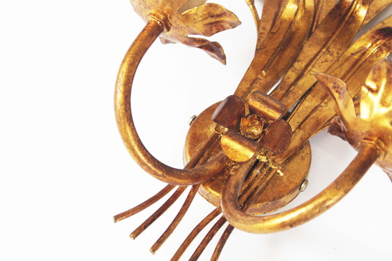 Image 1 of Paar grote Vintage Vergulde Korenaar wandlampen