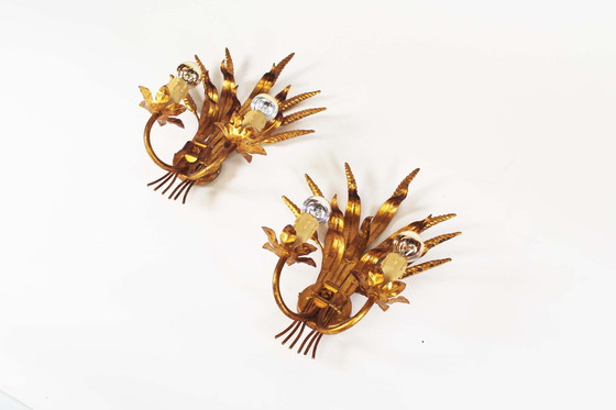 Image 1 of Paar grote Vintage Vergulde Korenaar wandlampen