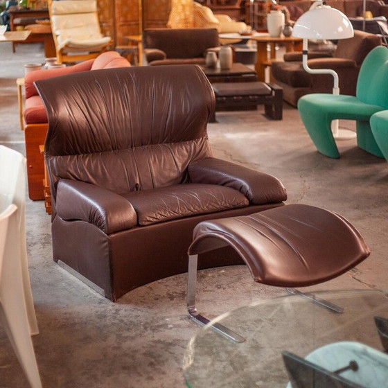 Image 1 of Vintage fauteuils met bruin leren voetenbankje van Giovanni Offredi voor Saporiti, Italië 1970