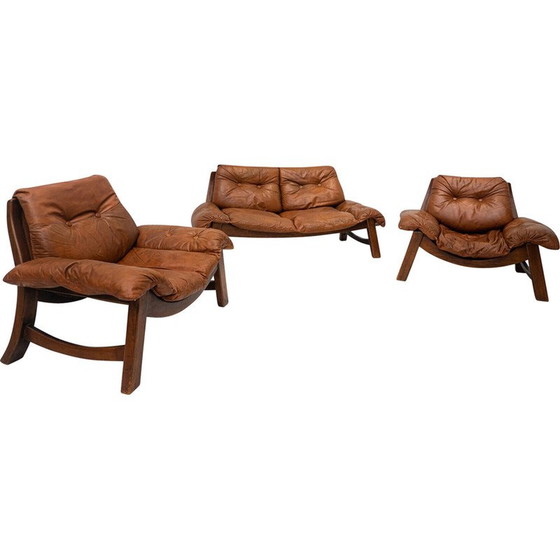 Image 1 of Woonkamerset uit de Mid Century in cognac leer, jaren 1960