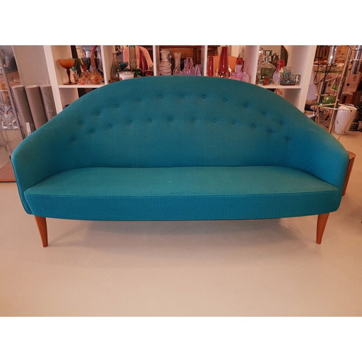 Vintage Paradiset bank van Triva in turquoise blauwe stof 1950