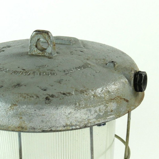 Image 1 of Vintage industriële plafondlamp van metaal en glas, Tsjecho-Slowakije 1950