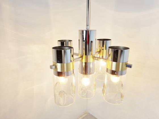 Image 1 of Vintage Italiaanse kroonluchter van glas en chroom, jaren 70
