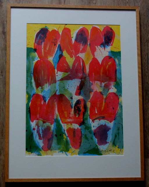 Jan Cremer - Ingelijste kleuren litho: Tulpen - 1991(Nette lijst!)