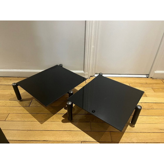 Image 1 of Paar vintage zwart metalen en glazen salontafels, 1980