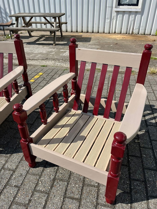 2x Vintage Eikenhouten Tuinstoelen