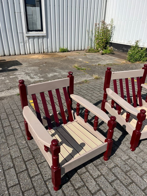 2x Vintage Eikenhouten Tuinstoelen