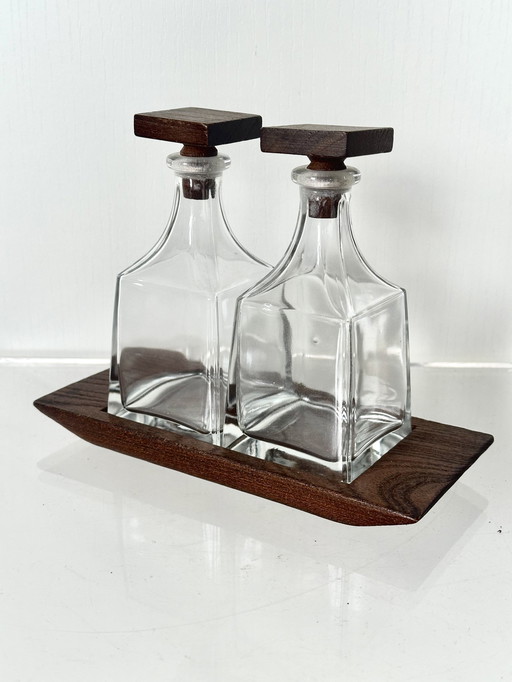 Teakhouten azijn olie set glas jaren 60 Deens design