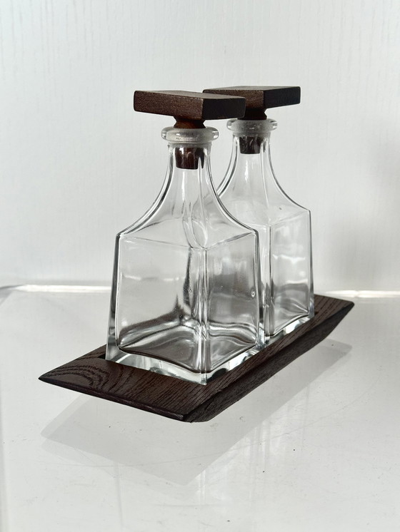 Image 1 of Teakhouten azijn olie set glas jaren 60 Deens design